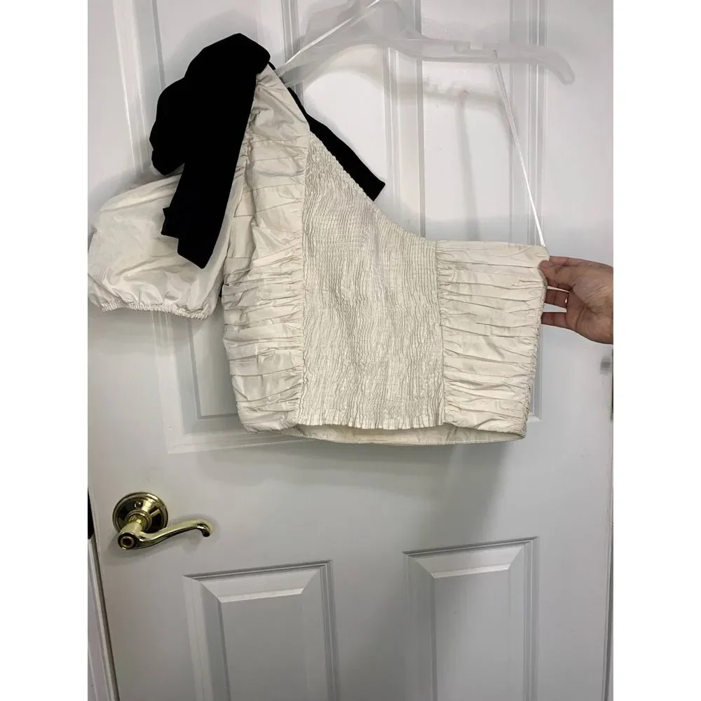 Zara Asymmetrical Cream and Black Pleated Top With Bow Size Small - NWOT